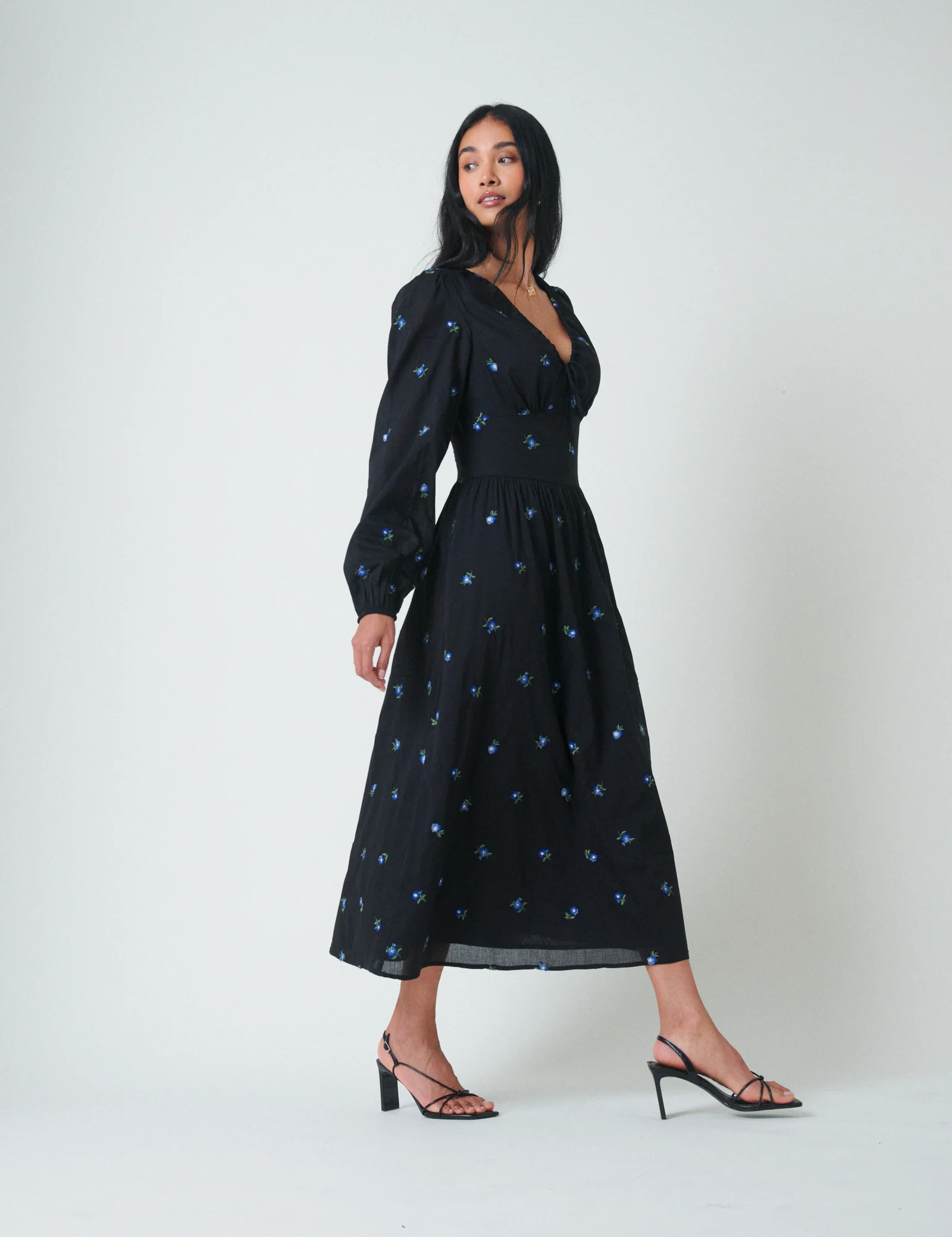 Navy Floral Embroidered Balloon Sleeve Alysia Midi Dress - Image 4