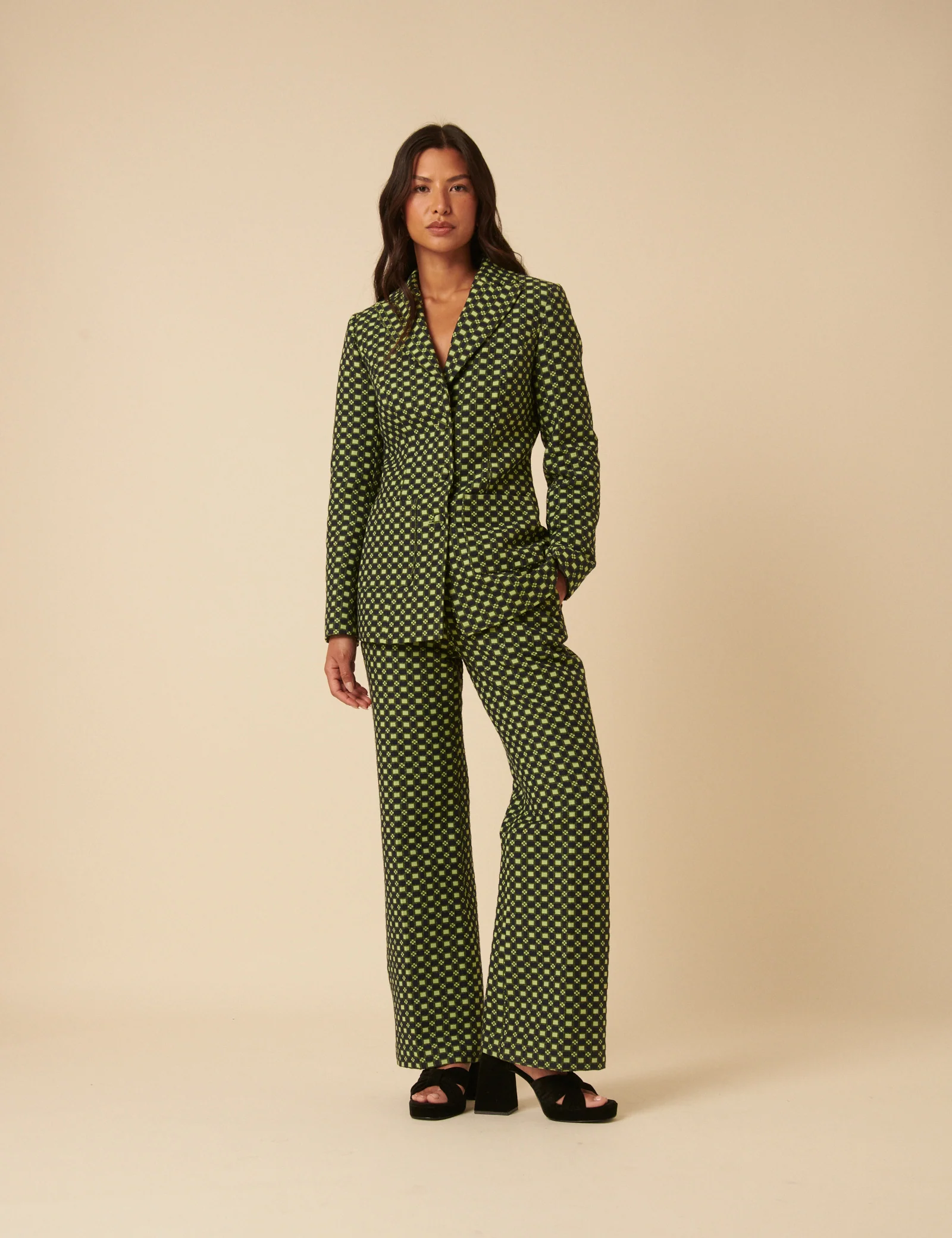 NC x Lisou Black and Lime Green Jacquard Checkerboard Fitted Blazer - Image 3