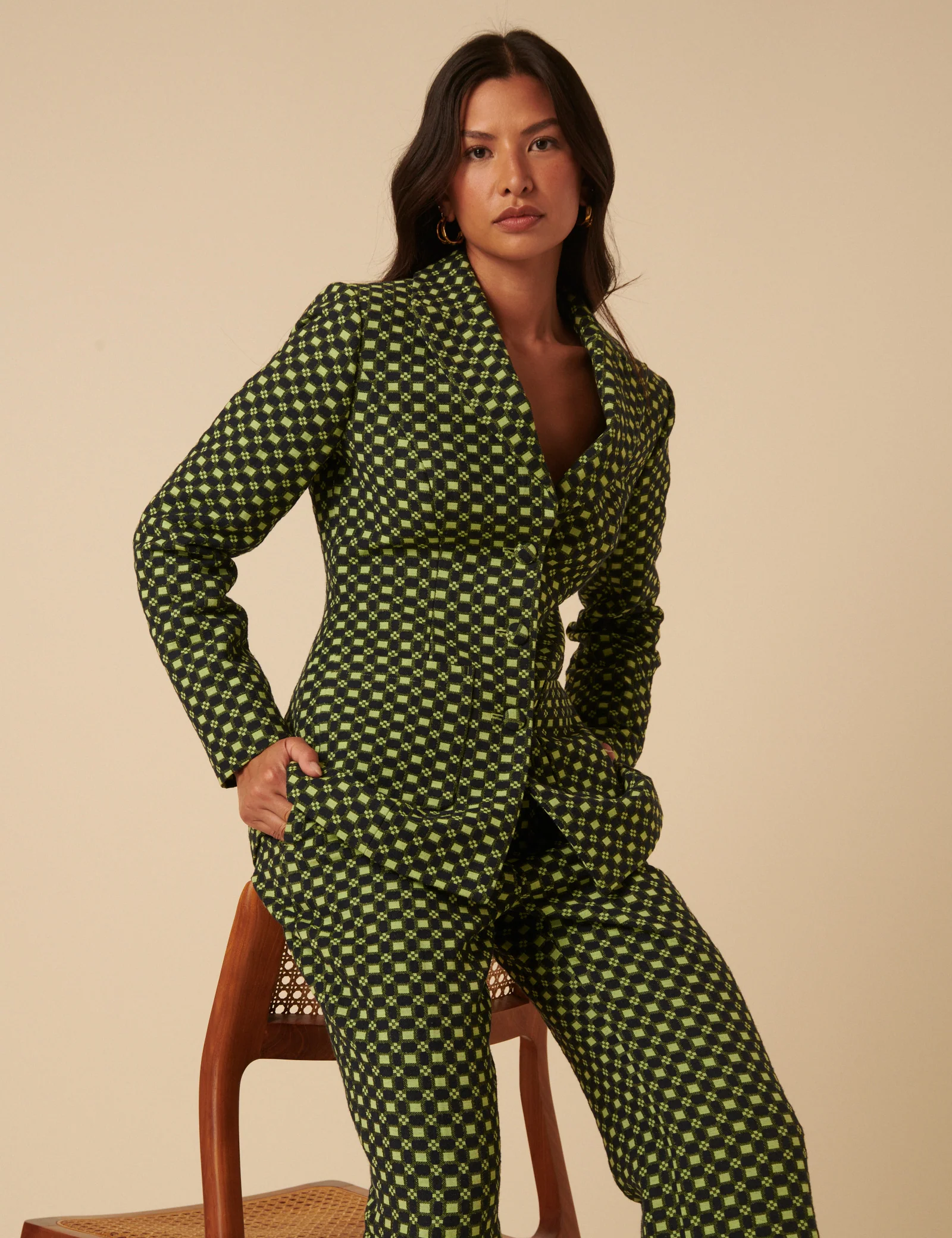 NC x Lisou Black and Lime Green Jacquard Checkerboard Fitted Blazer - Image 4