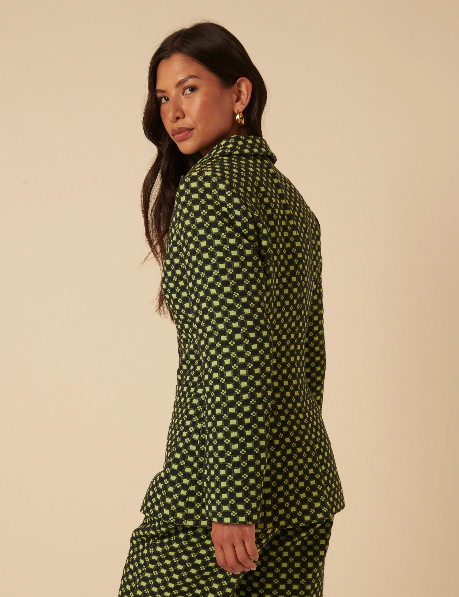 NC x Lisou Black and Lime Green Jacquard Checkerboard Fitted Blazer - Image 5