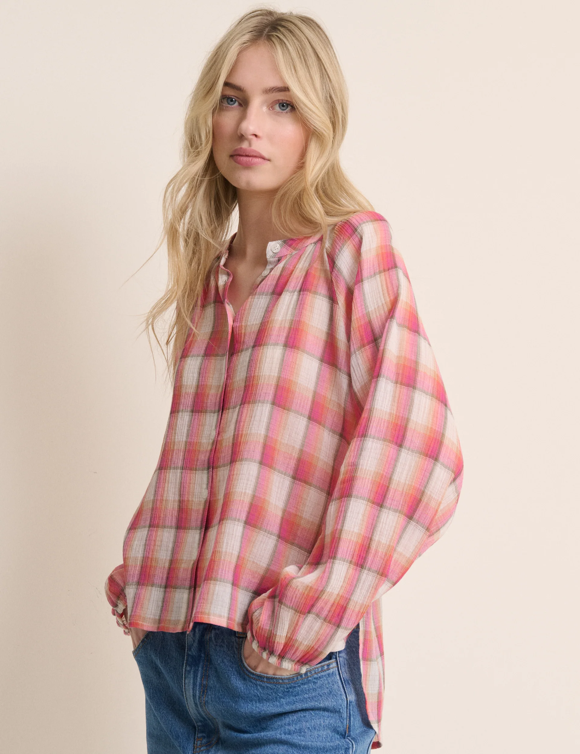 Red Check Balloon Sleeve Blouse - Image 3