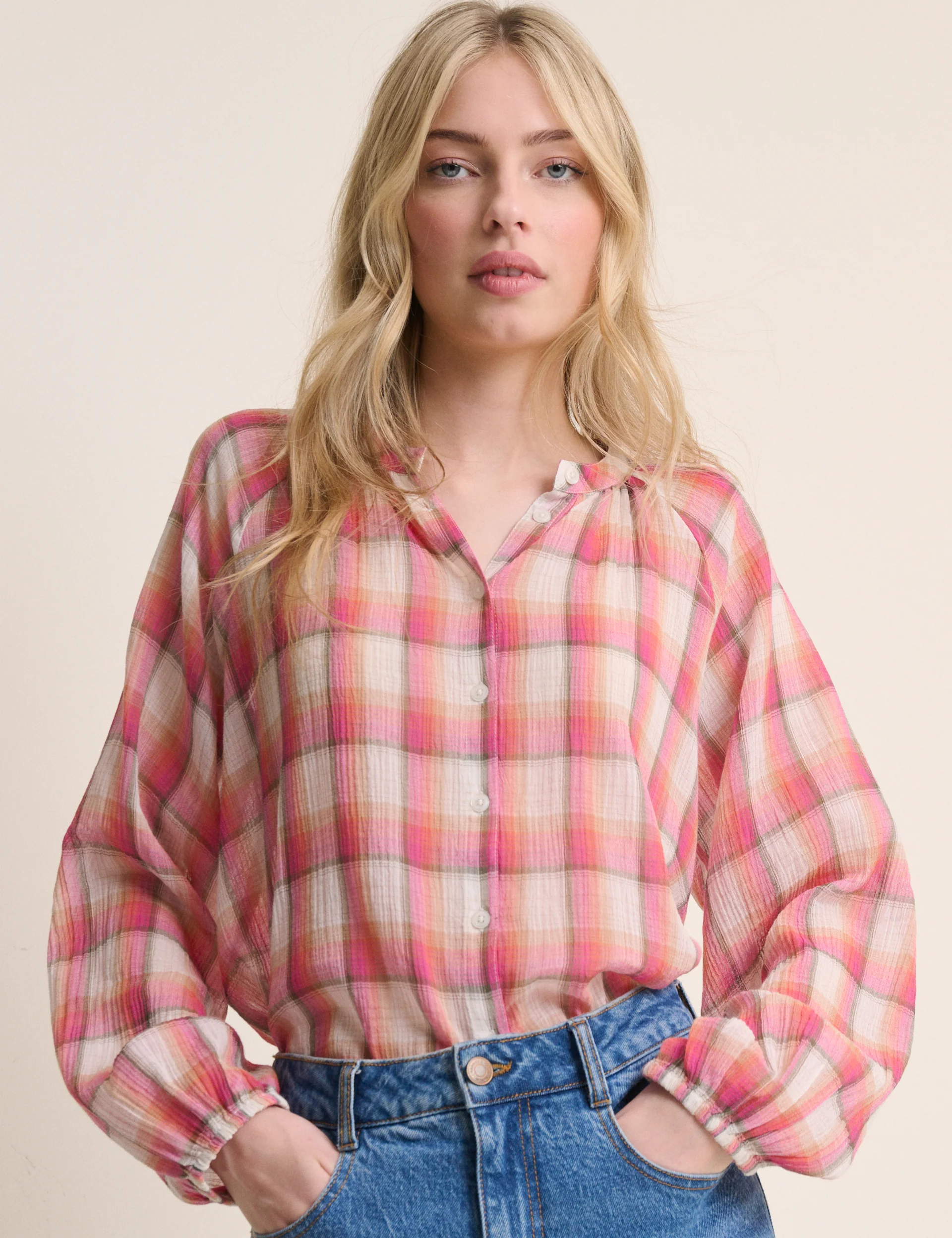 Red Check Balloon Sleeve Blouse - Image 4