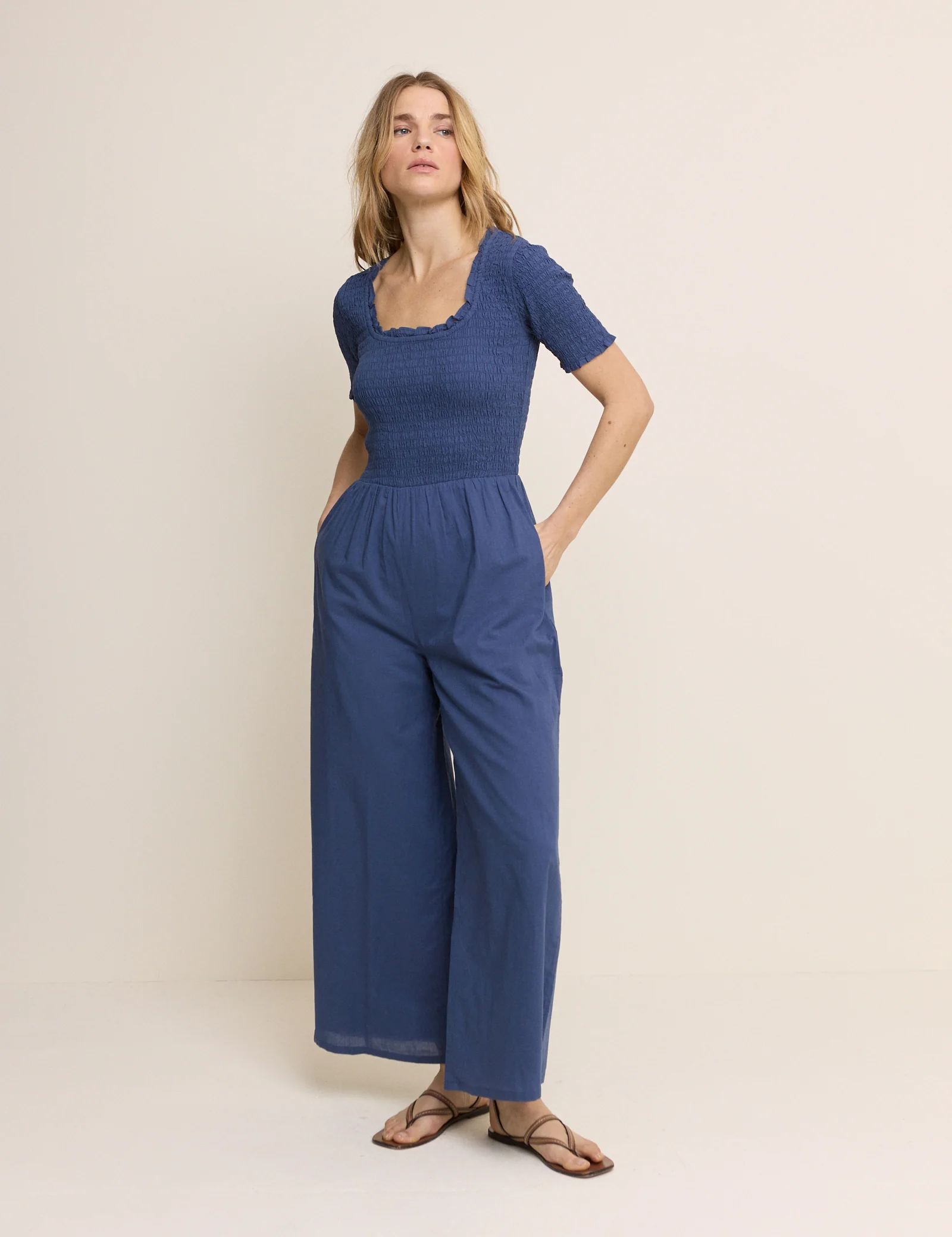Petite Blue Shirred Wide Leg Zita Jumpsuit - Image 3