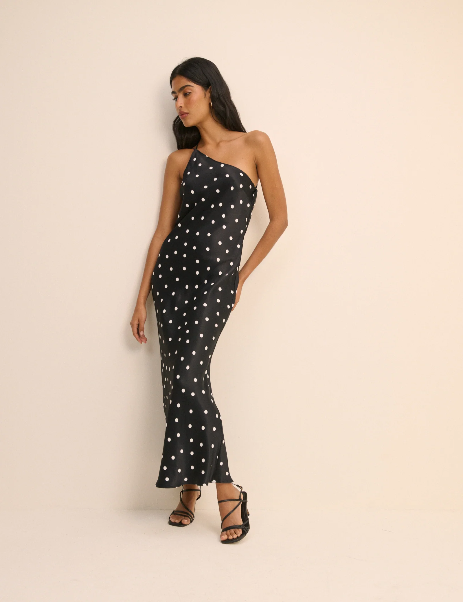 Black Polka Dot Satin Pia Maxi Dress - Image 4