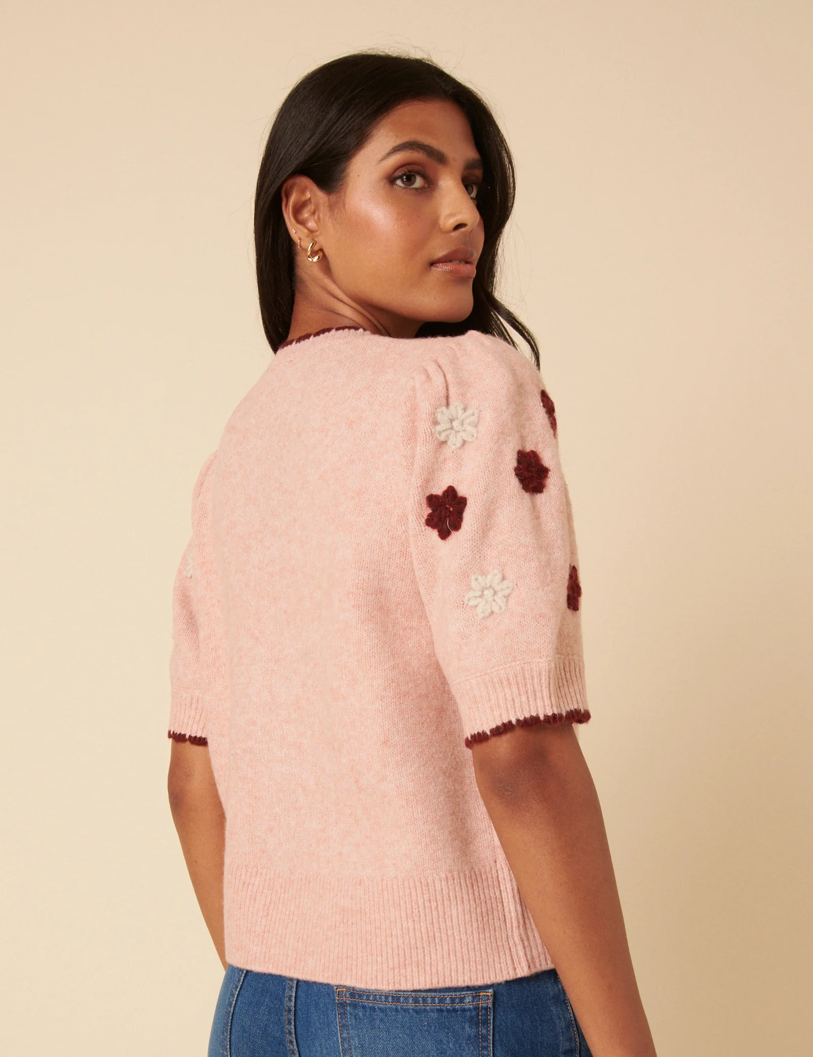 Pink Floral Yoke Embroidered Short Sleeve Cardigan - Image 5