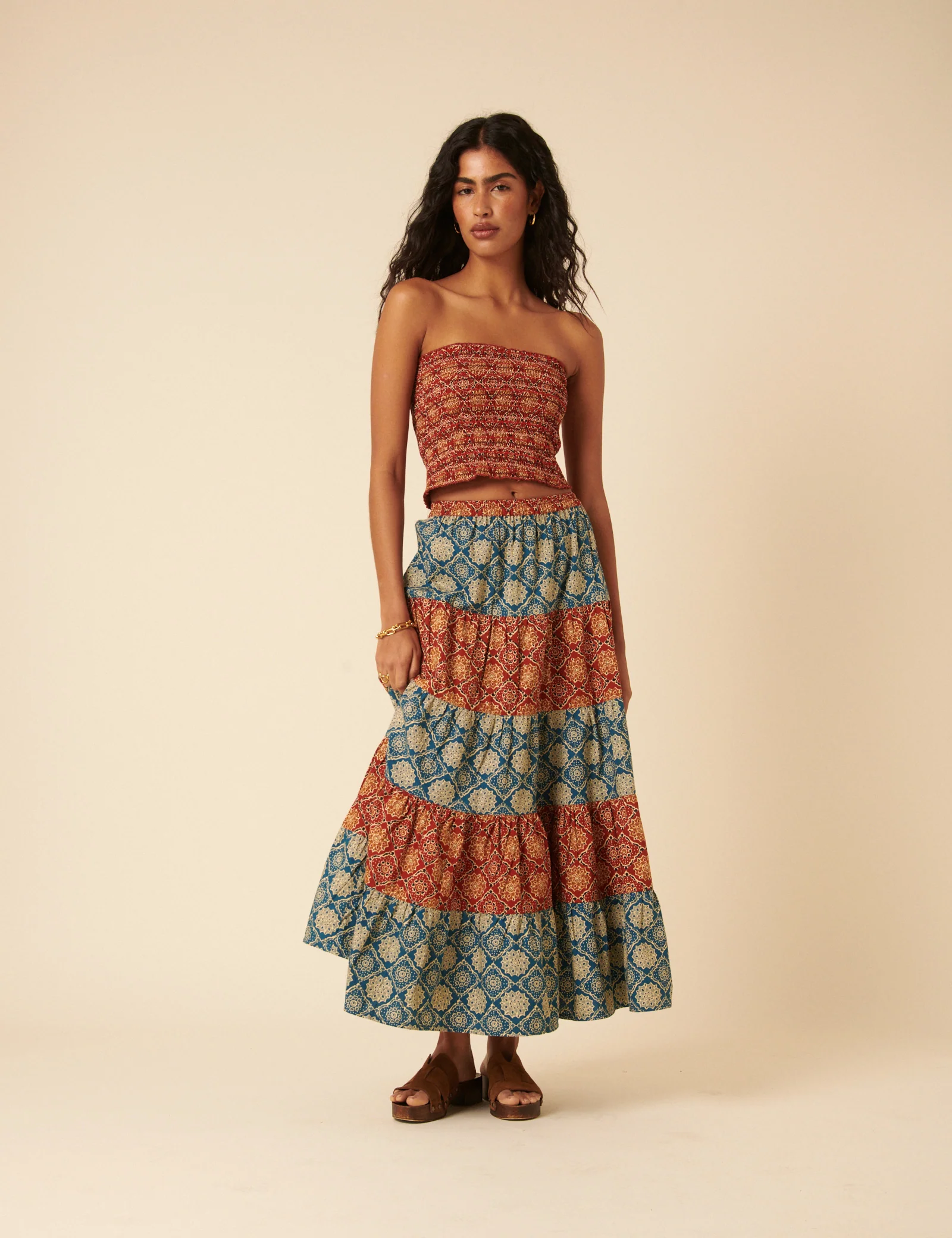 Red Tile Printed Shirred Bandeau Top - Image 2