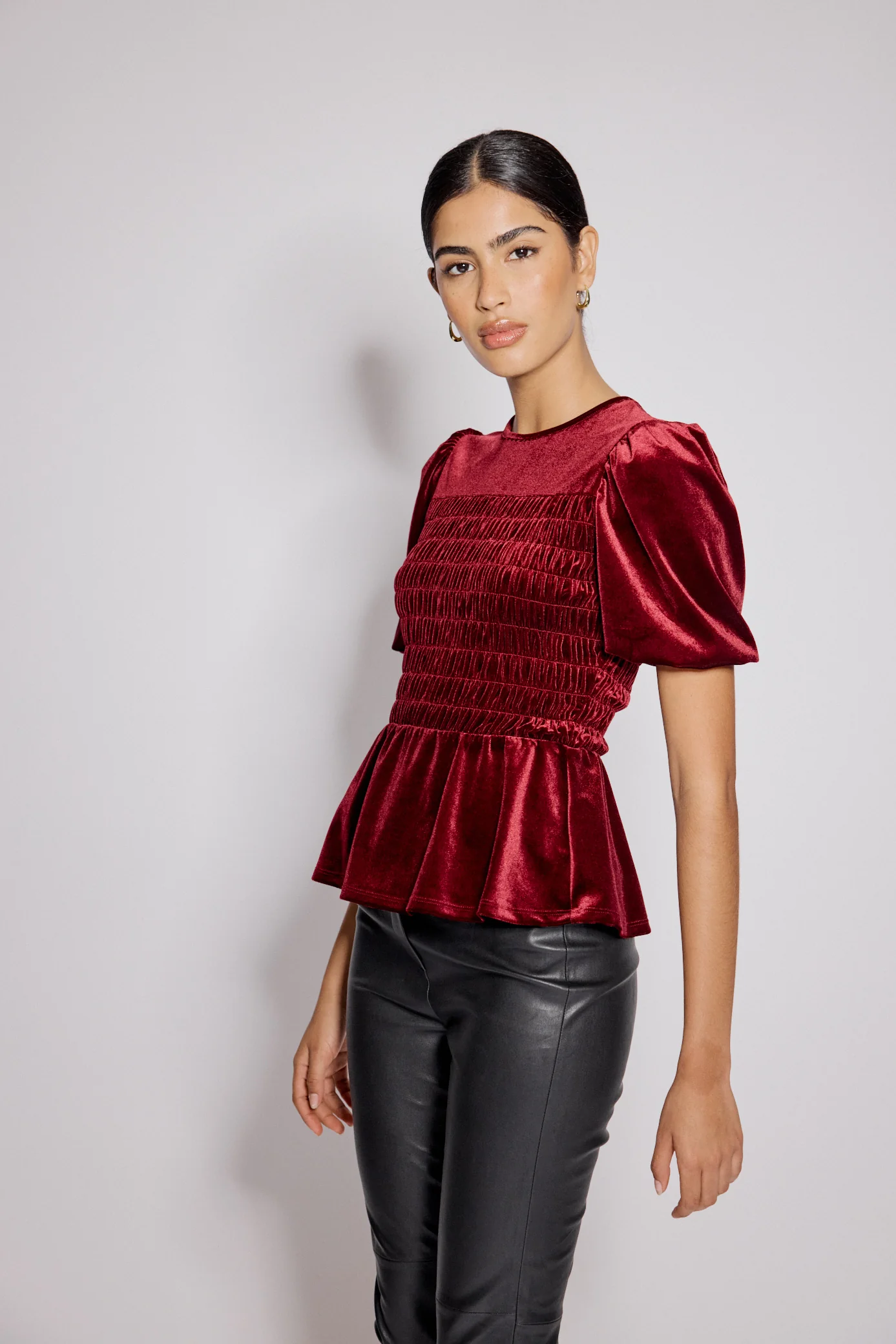 Red Velvet Puff Sleeve Peplum Top - Image 4