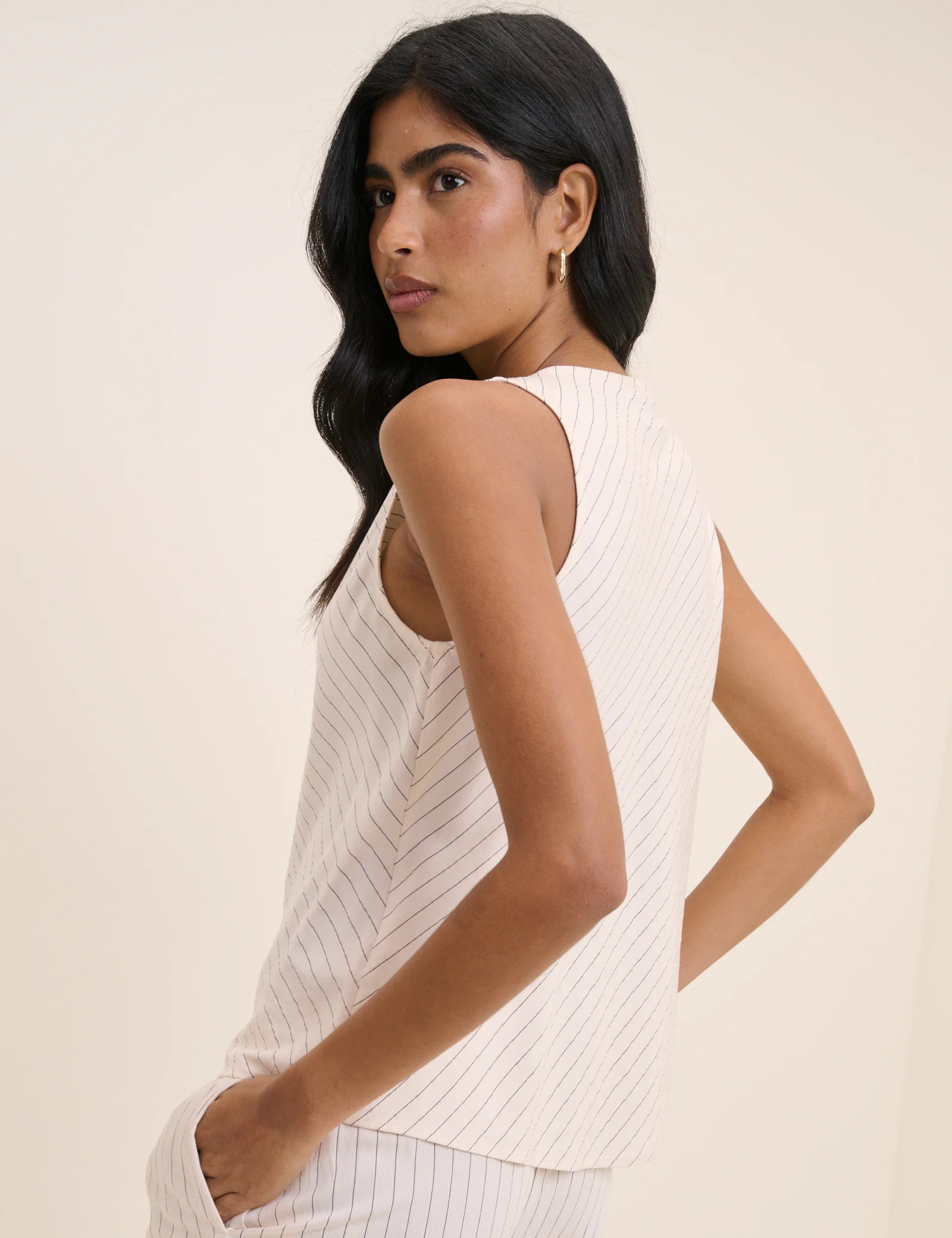 Cream Pinstripe Draped Sleeveless Top - Image 5