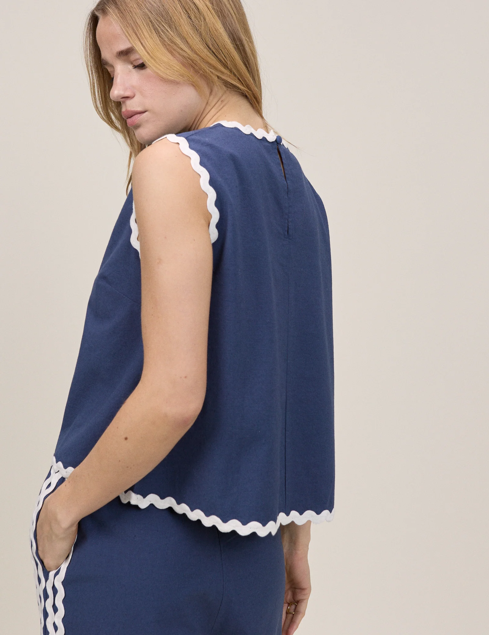 Dark Blue Ric Rac Trim Sleeveless Swing Top - Image 6