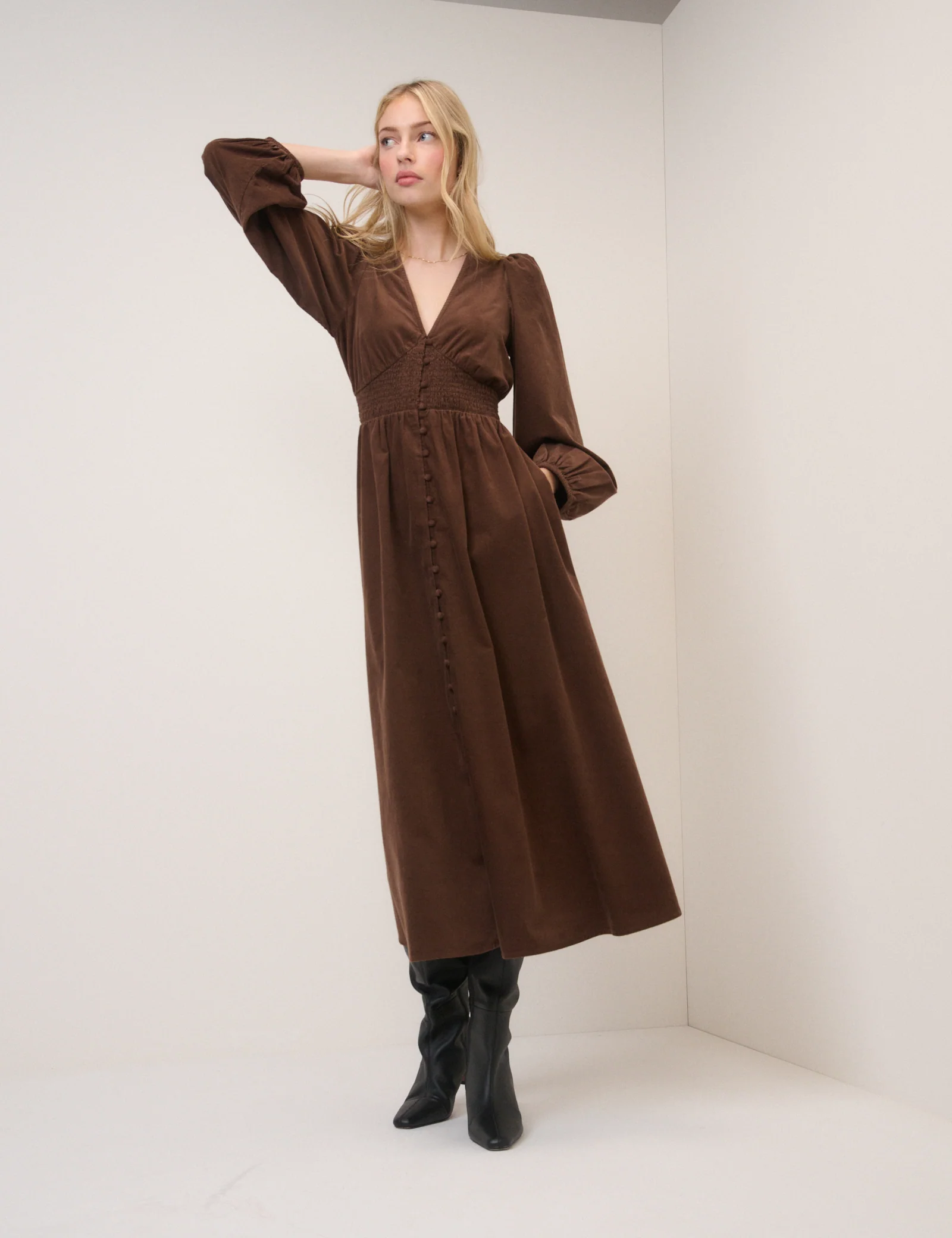 Brown Cord Shirred Riley Midi Dress - Image 3