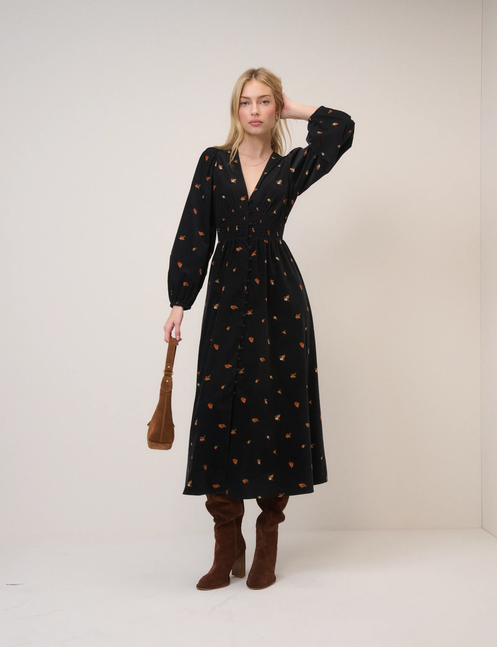 Black Cord Floral Riley Shirred Waist Midi Dress - Image 3
