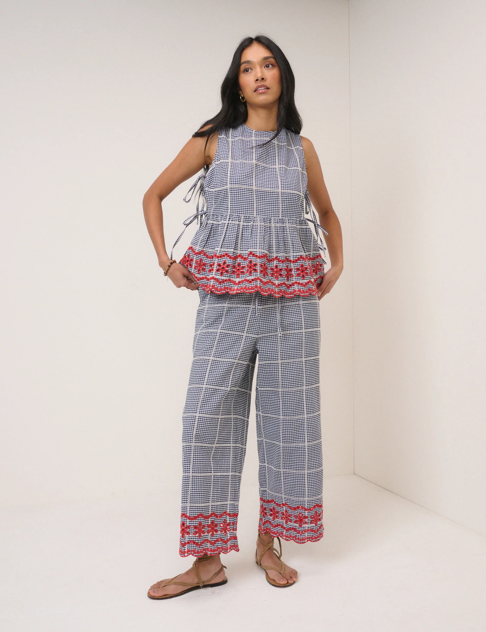Black Gingham Embroidered Top & Trousers Set - Image 6