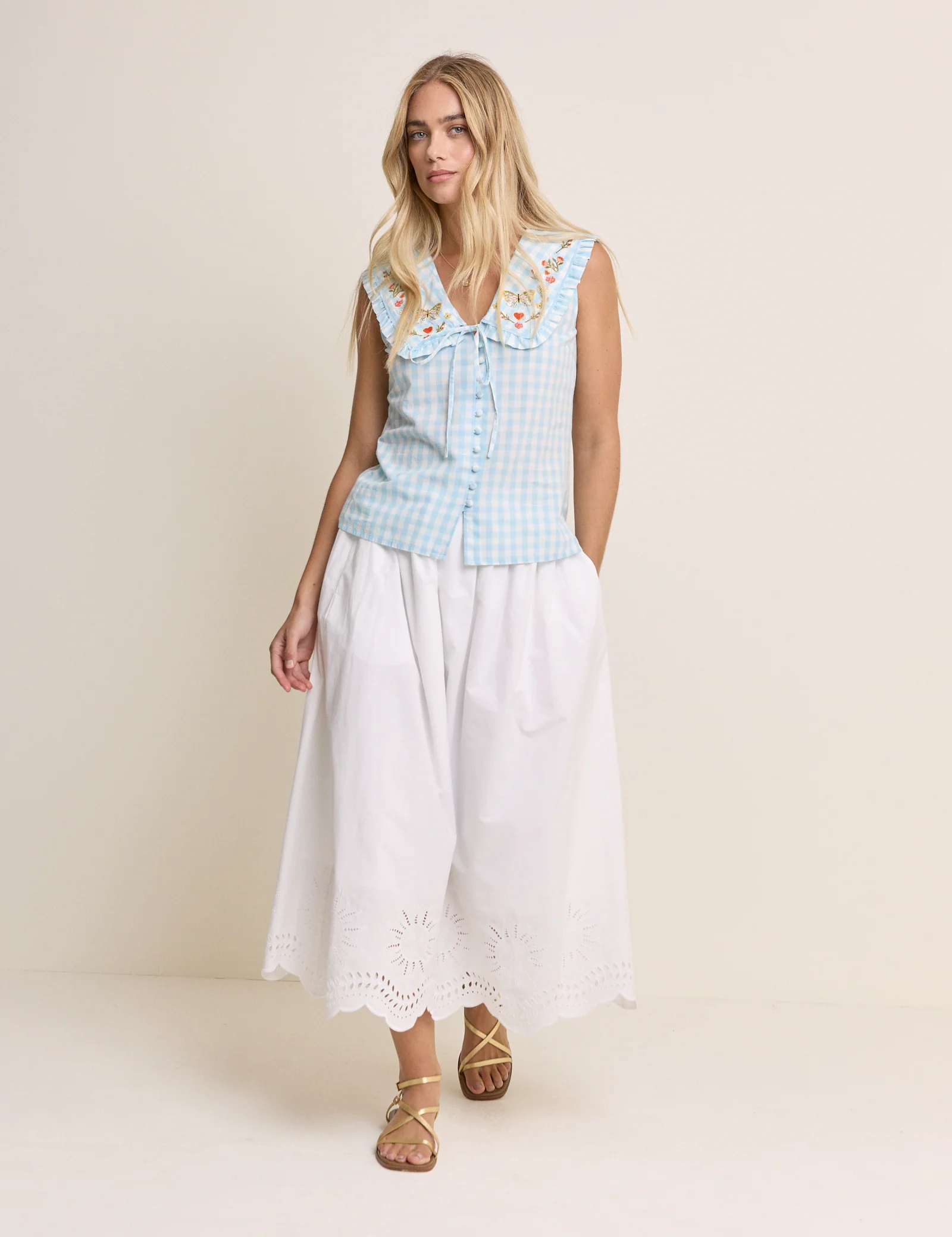 Blue Gingham Embroidered Birdie Blouse - Image 5