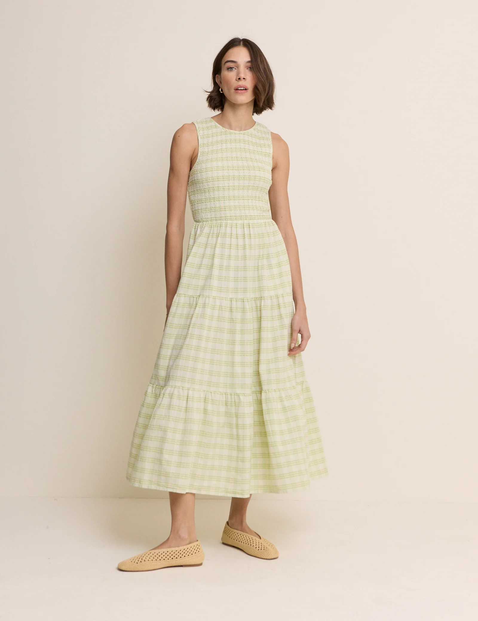 Green Checked Shirred Sleeveless Charlie Midi Dress - Image 3