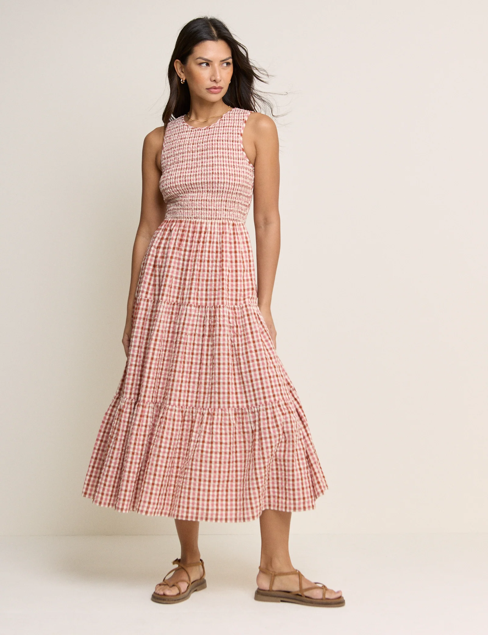 Pink and Red Gingham Shirred Charlie Midi Dress - Image 3