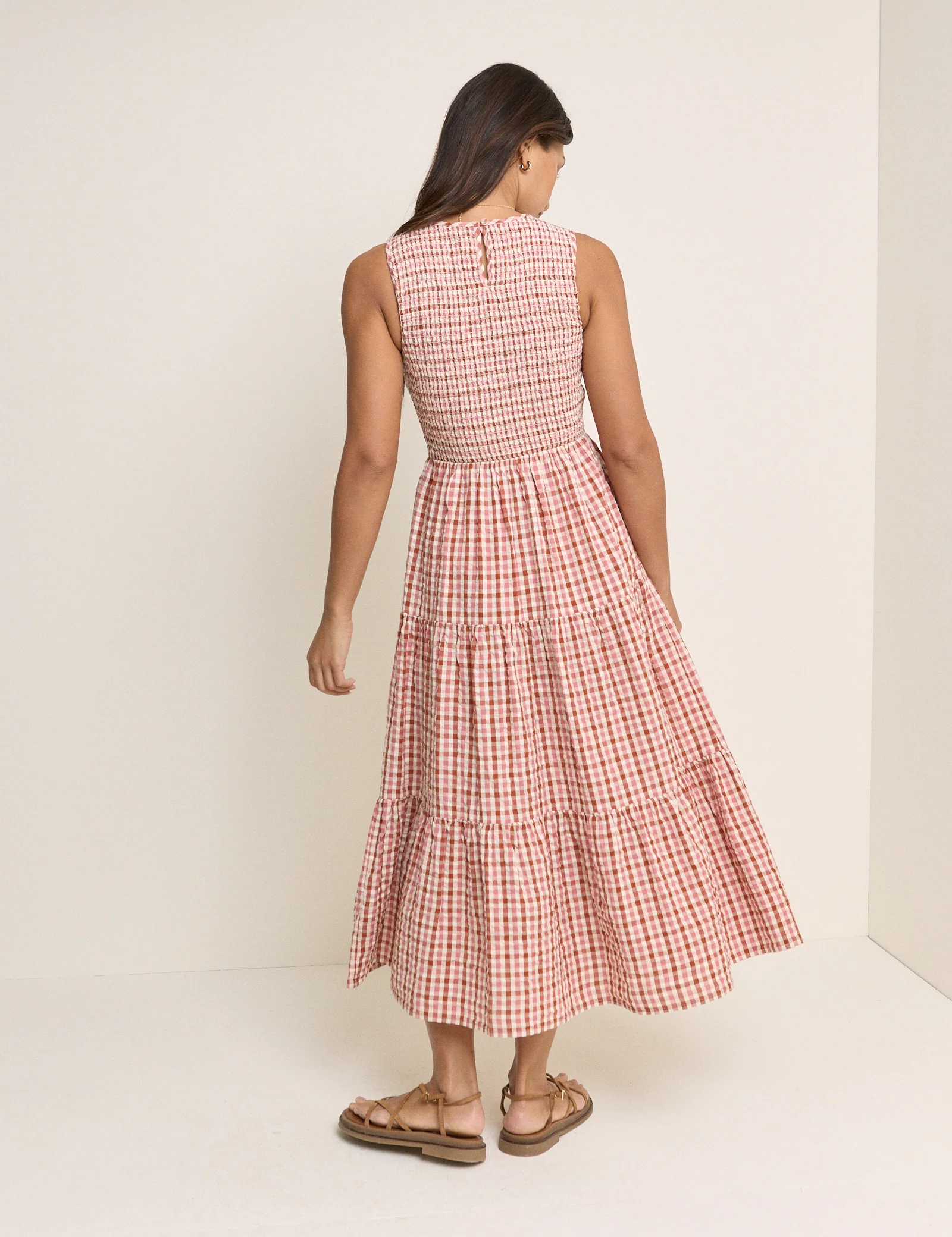 Pink and Red Gingham Shirred Charlie Midi Dress - Image 5