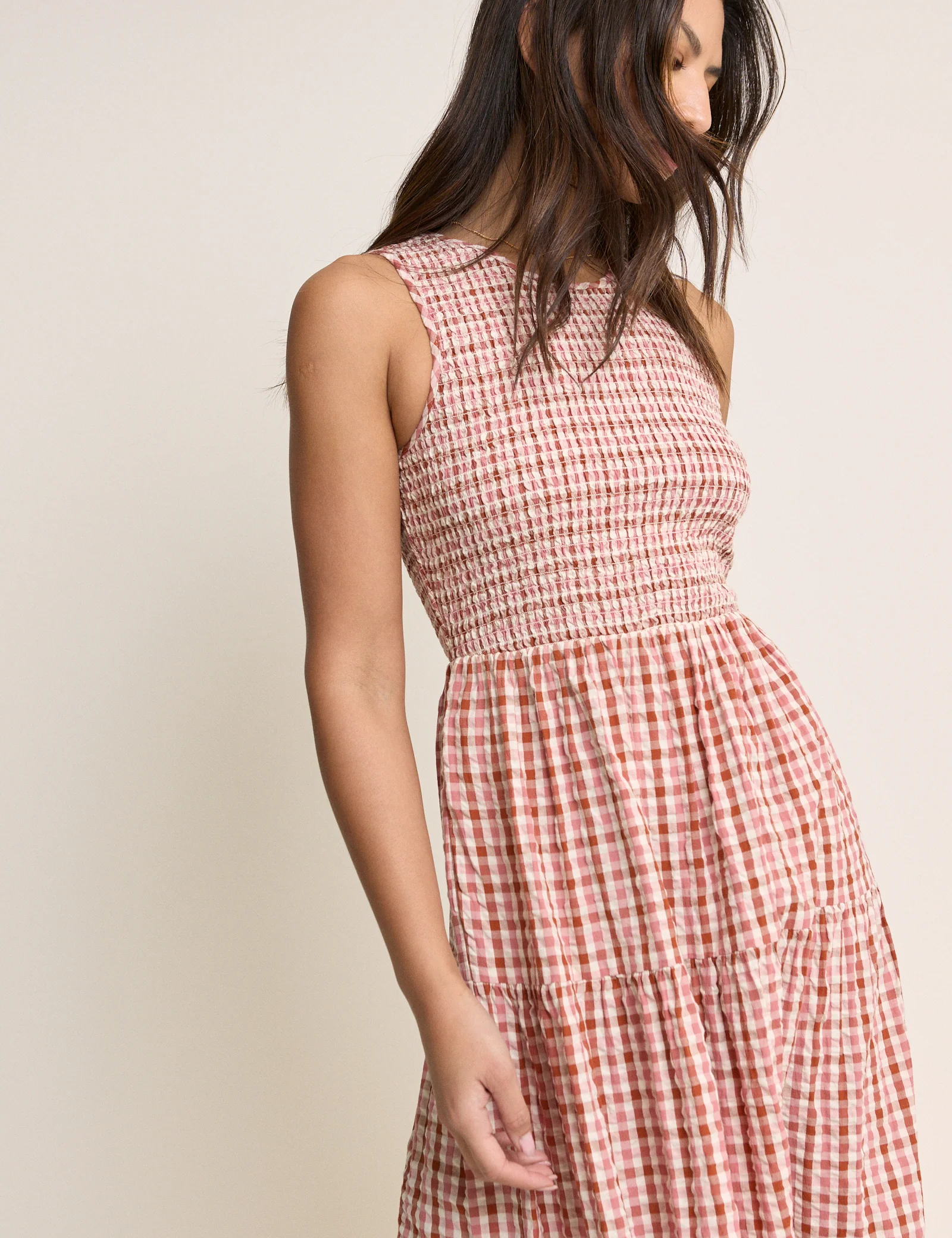 Pink and Red Gingham Shirred Charlie Midi Dress - Image 6