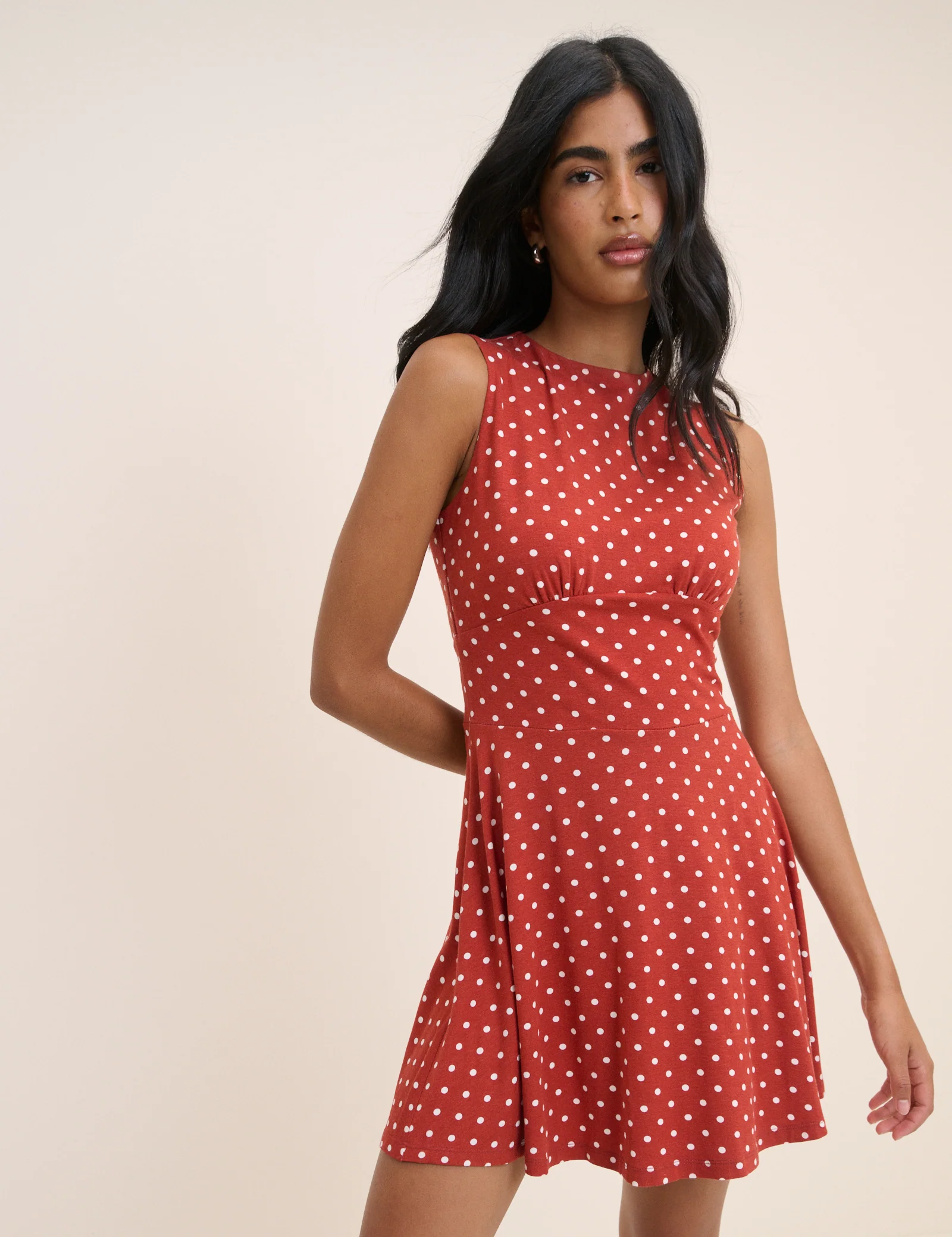 Red Polka Dot Jersey Sleeveless Tate Mini Dress - Image 3
