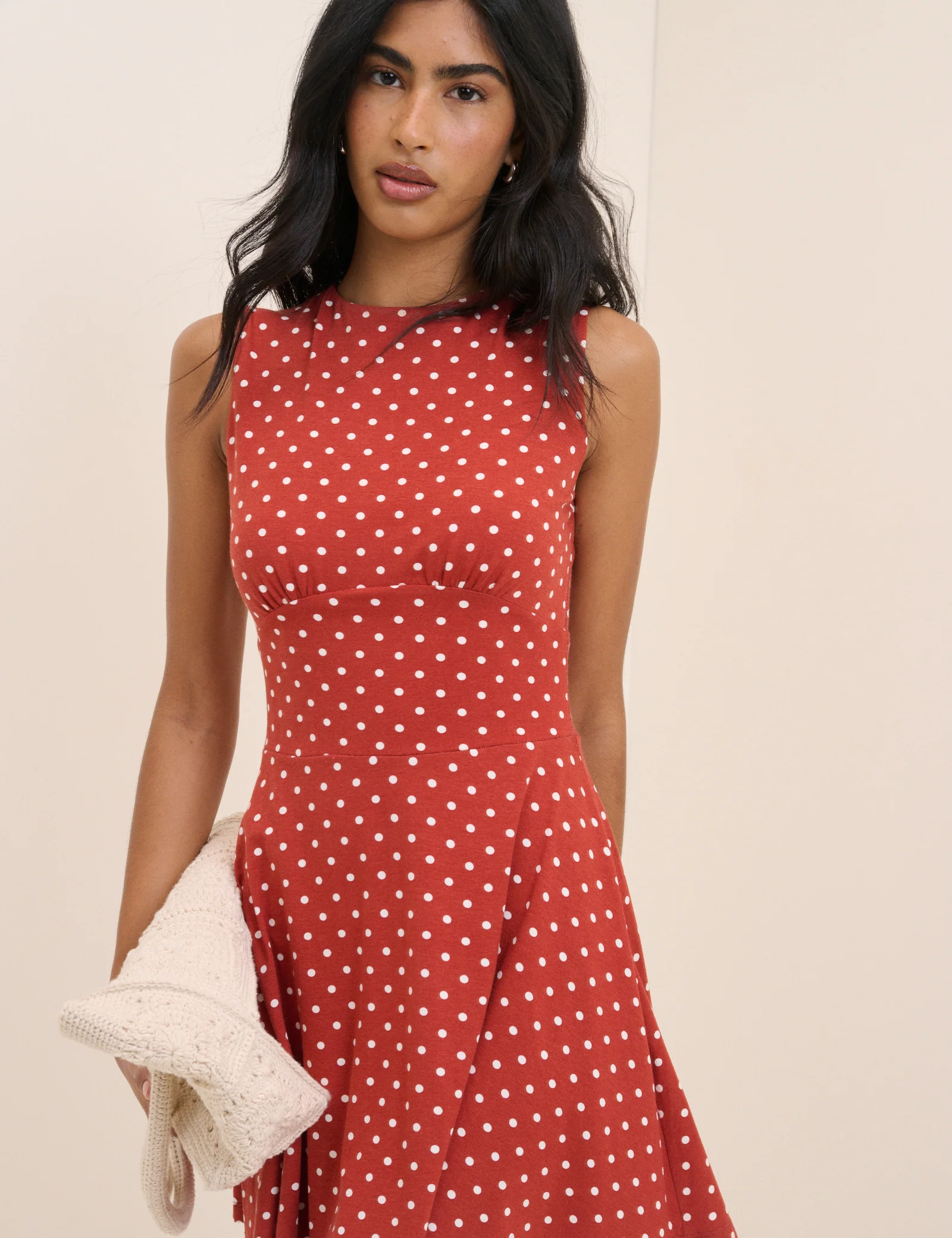 Red Polka Dot Jersey Sleeveless Tate Mini Dress - Image 5