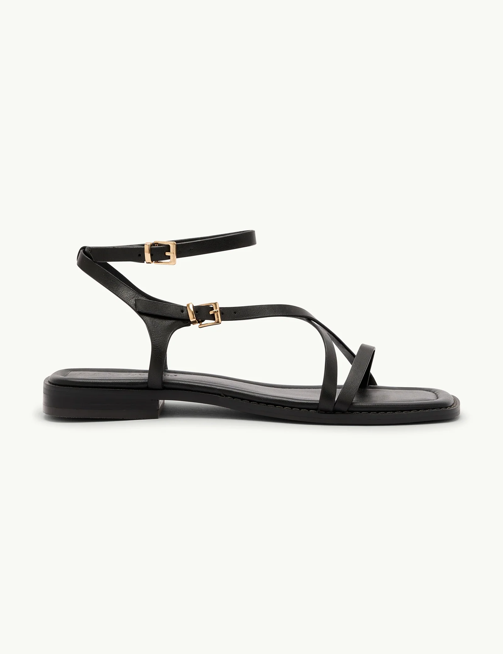 Black Leather Square Toe Strappy Sandals - Image 2