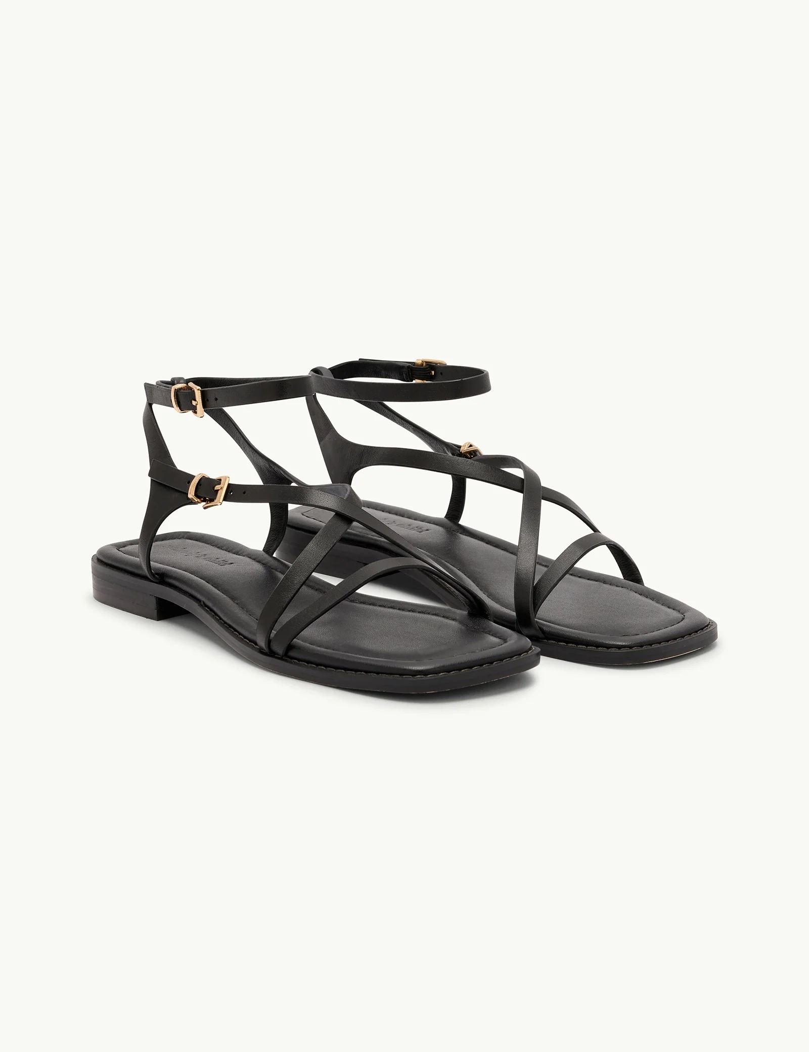 Black Leather Square Toe Strappy Sandals - Image 4