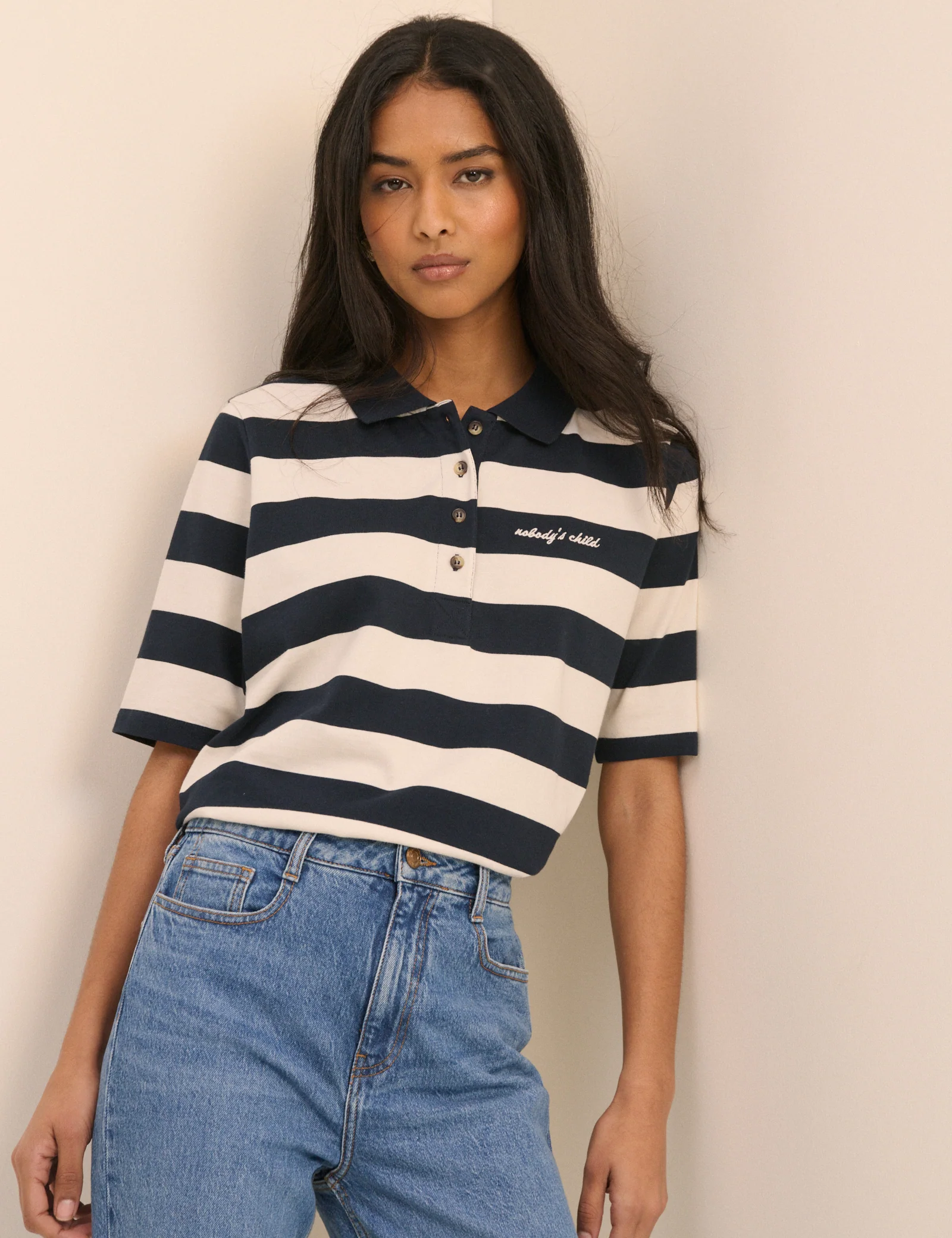 Navy Striped Short Sleeve Polo Top - Image 4