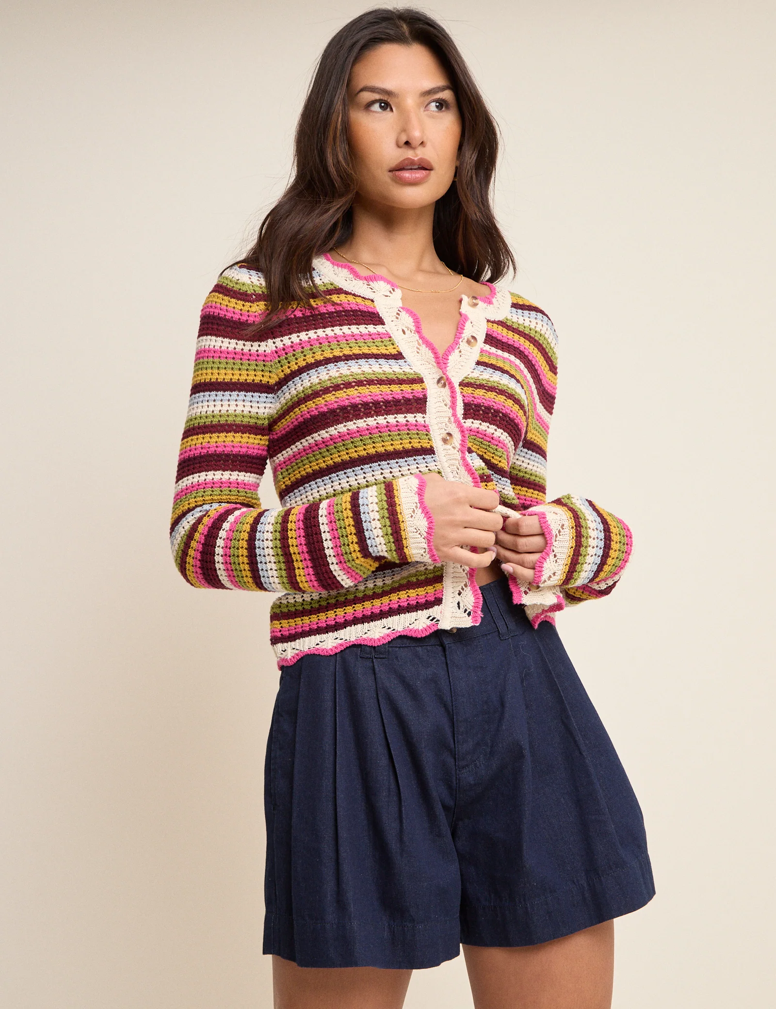 Multi-Coloured Striped Scallop Crochet Cardigan - Image 3