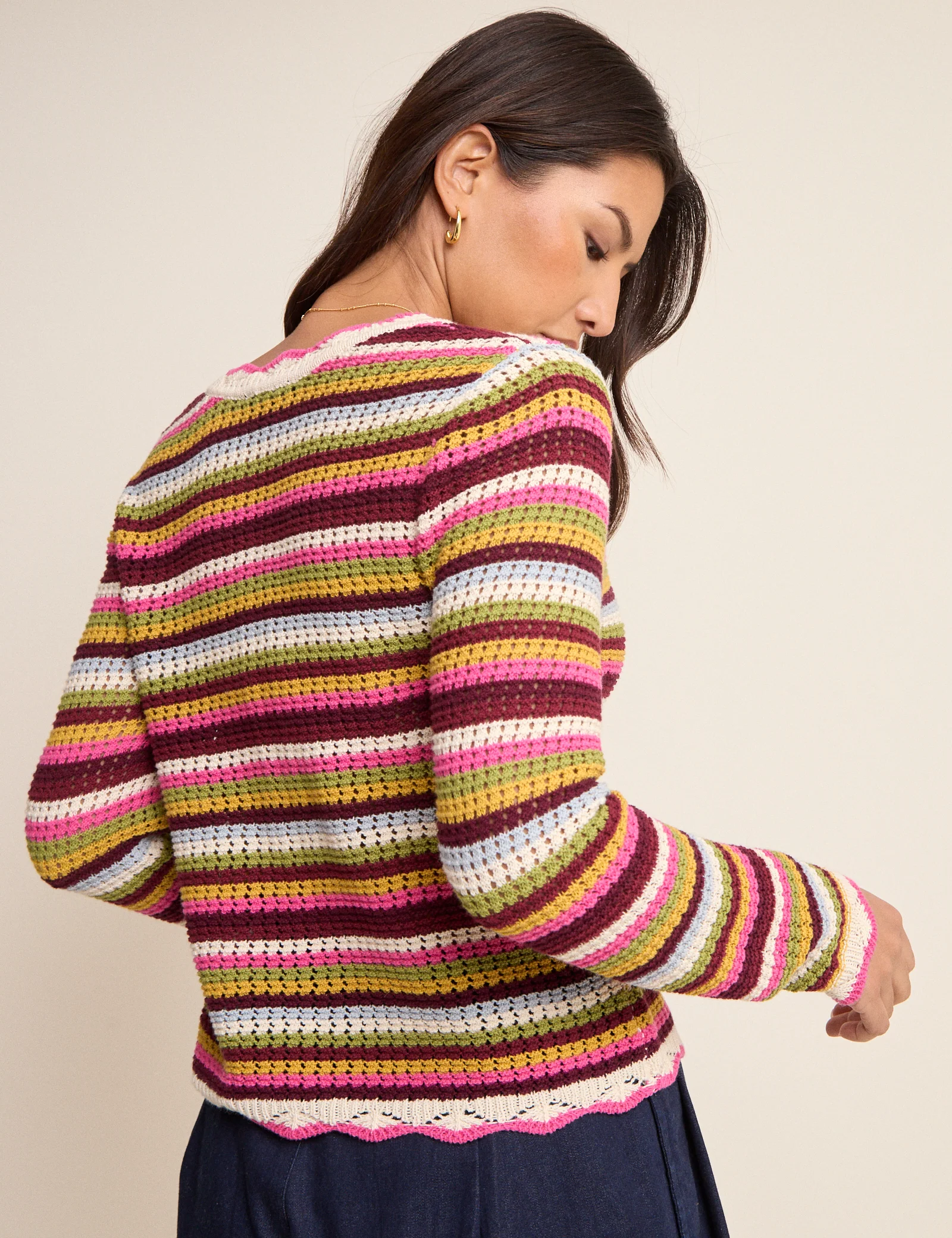 Multi-Coloured Striped Scallop Crochet Cardigan - Image 5