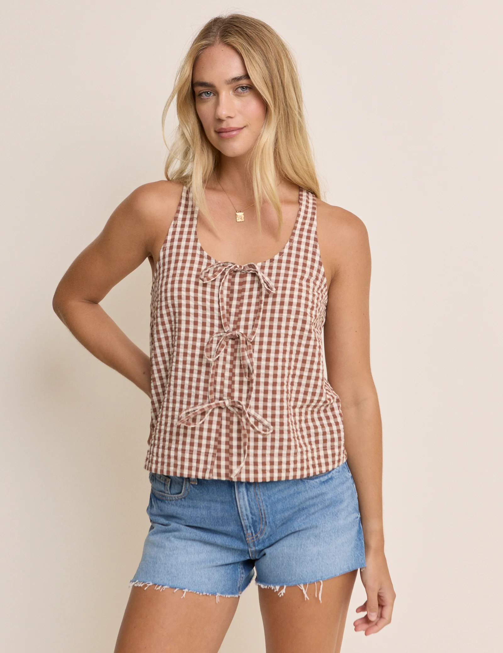 Brown Gingham Thea Scoop Neck Tie Front Blouse - Image 3