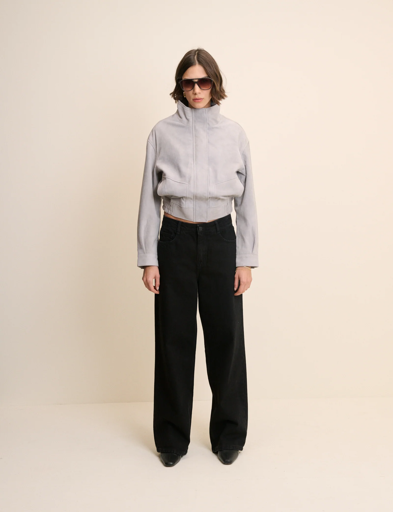 Grey Funnel Neck Suede Bomber
