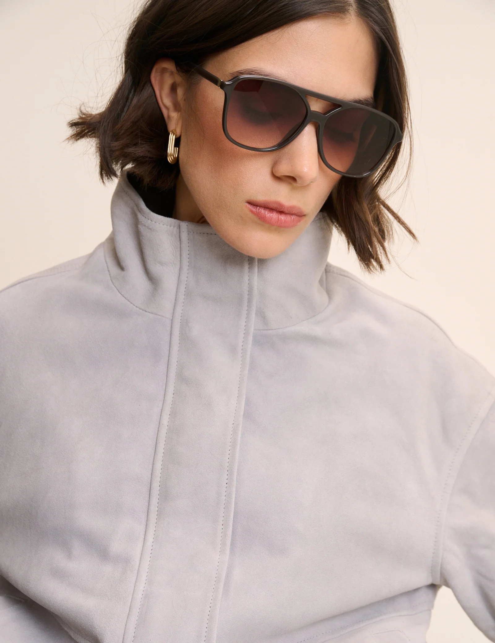 Grey Funnel Neck Suede Bomber - Image 2