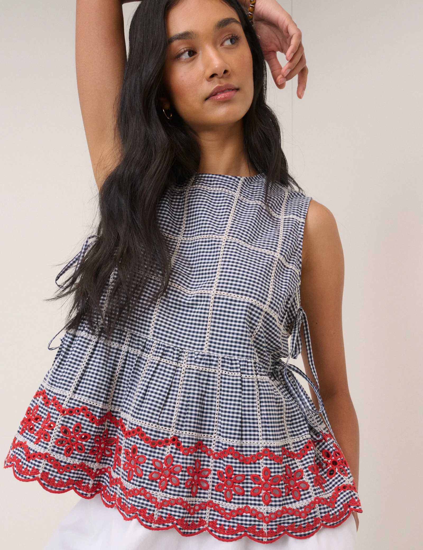Black Gingham Embroidered Top & Trousers Set - Image 3