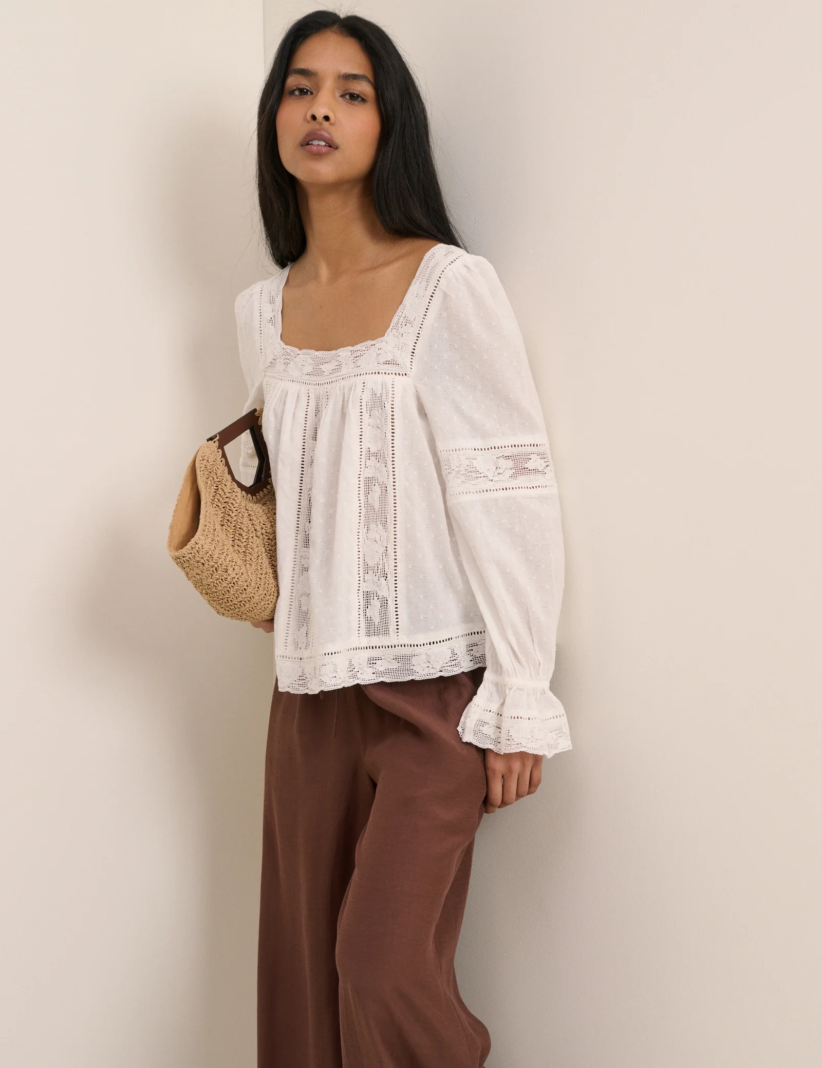 White Lace Trim Long Sleeve Blouse - Image 3