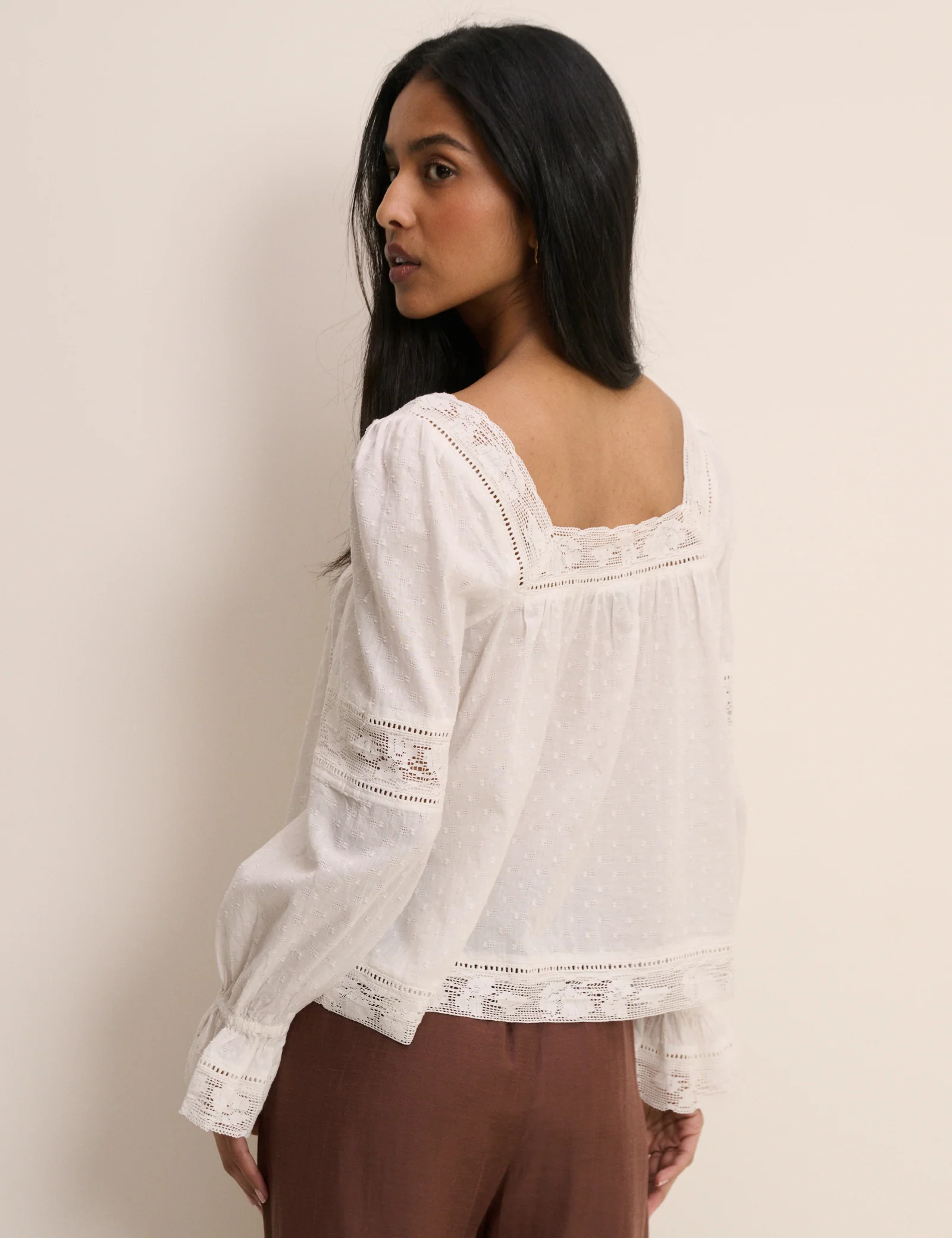 White Lace Trim Long Sleeve Blouse - Image 5