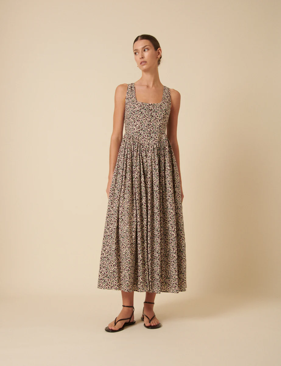 Cream Ditsy Floral Drop Waist Cora Midi Dress - Image 3