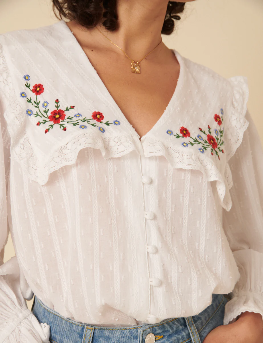 White Floral Embroidered Blouse - Image 3