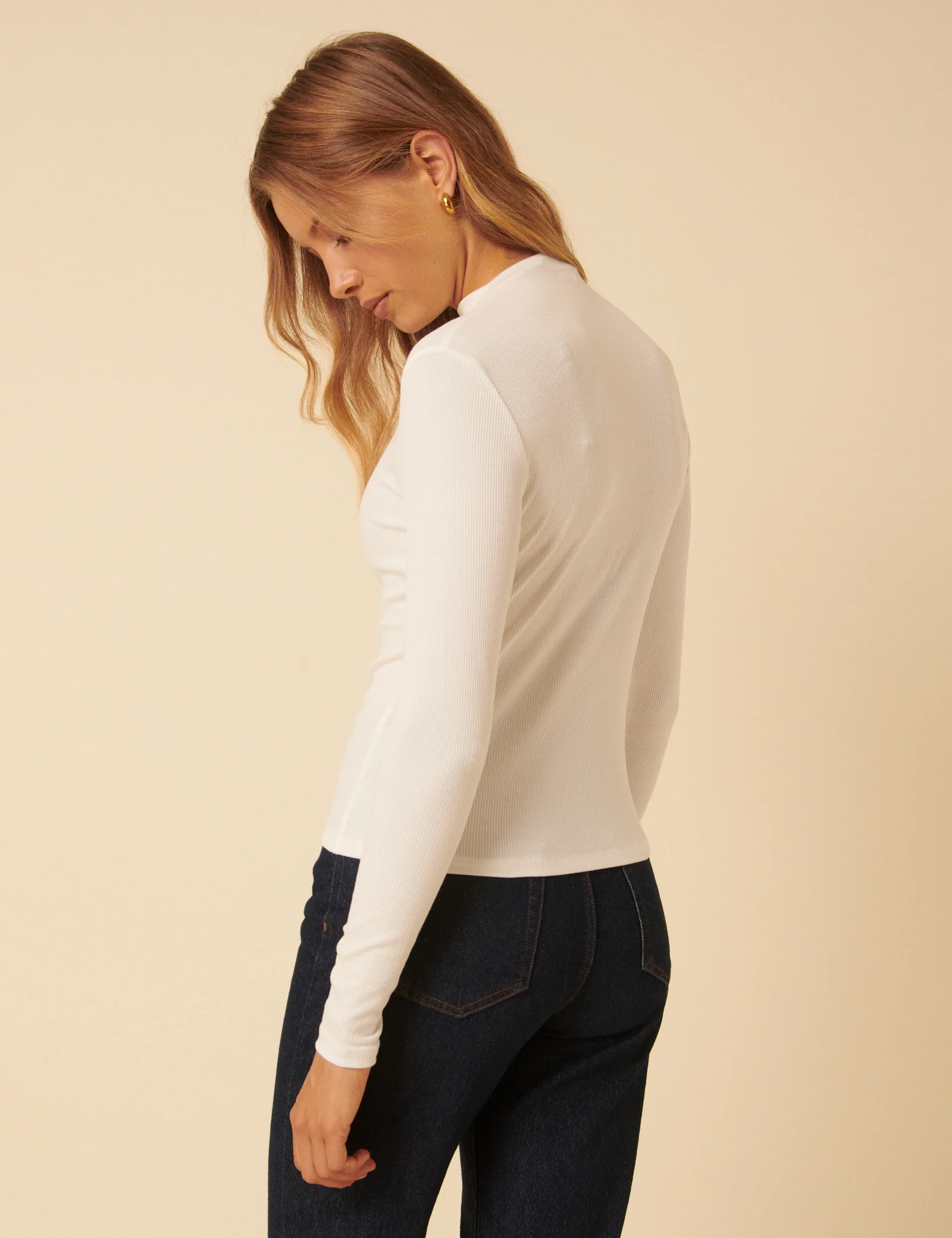 White Ribbed High Neck Long Sleeve Top - Image 5