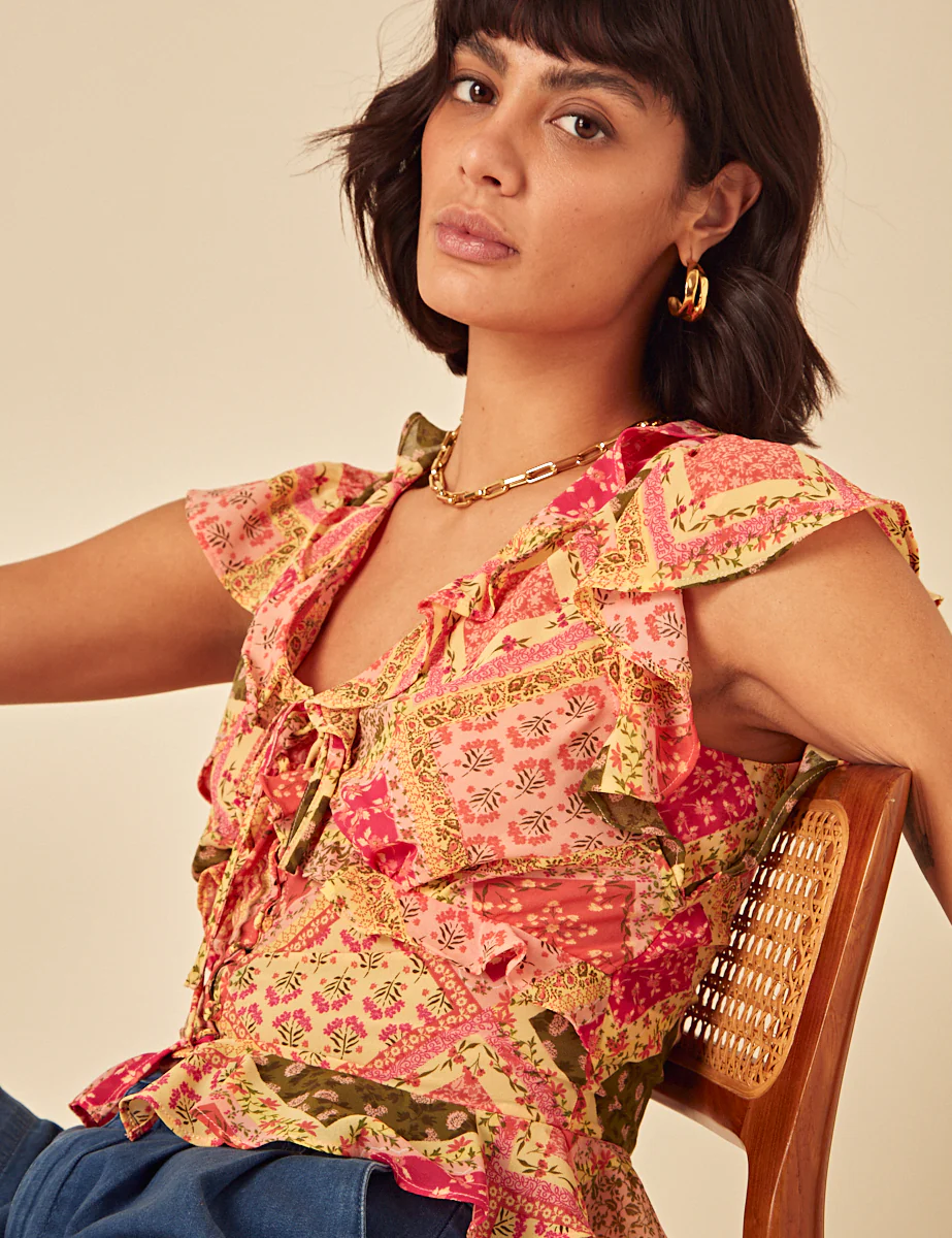 Yellow Patchwork Print Frill Top - Image 2