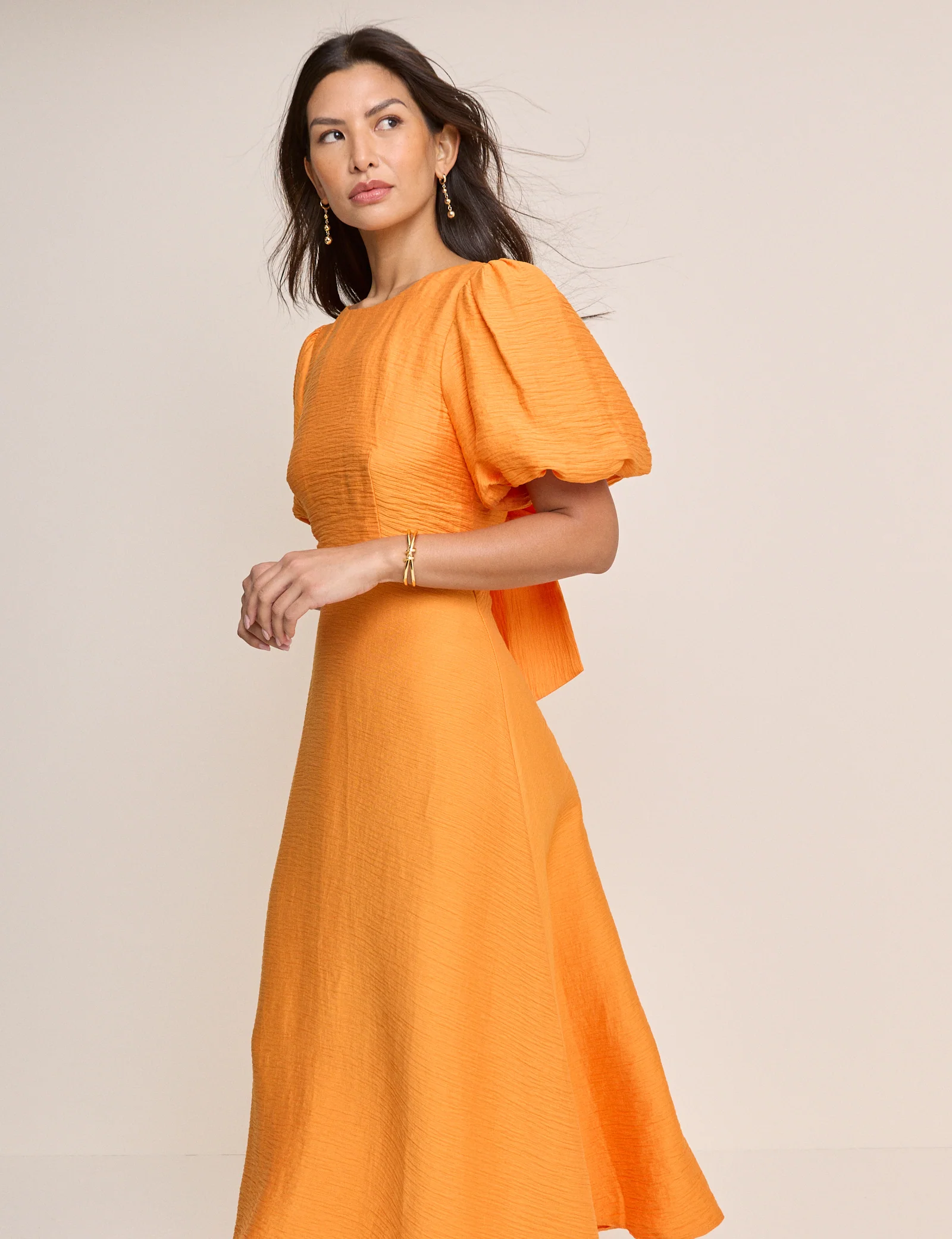 Orange Puff Sleeve Zola Midi Dress - Image 4